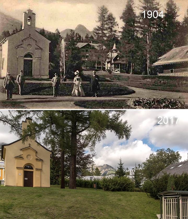 Starý Smokovec - vľavo je kaplnka z roku 1856-59 pôvodne zasvätená sv Petrovi a Pavlovi. Neskôr Lurdskej Panne Márii. V strede vzadu vila Bezstarostnosť ako ženské kúpele z roku 1874 do cca1950. Pred ňou malý pavilón z roku 1897 ako kvetinárstvo neskôr cukráreň a úplne vpravo vila Flóra z roku 1796. Tých ľudí nepoznám :). Pôvodne stál fotograf asi tak o meter vyššie ako ja dnes. :)