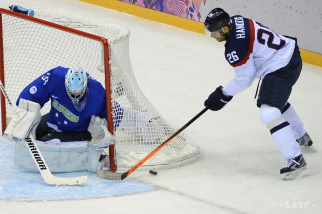 Slovenský hokejista Michal Handzuš (vpravo) a brankár Slovinska Robert Kristan v zápase základnej A-skupiny olympijského turnaja Slovensko - Slovinsko na XXII. zimných olympijských hrách v Soči 15. februára 2014.