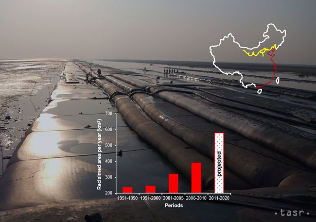 Pohľad na typickú hrádzu budovanú pri vysušovaní pobrežných mokradí v Číne. 