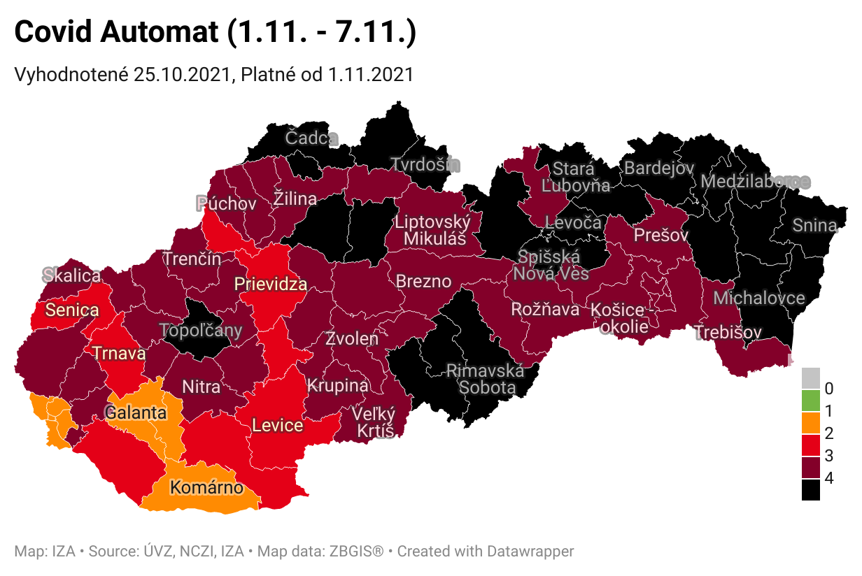 Čierne okresy na Slovensku od pondelka výrazne pribudnú, bordových bude 39 a oranžové aj červené ubudnú