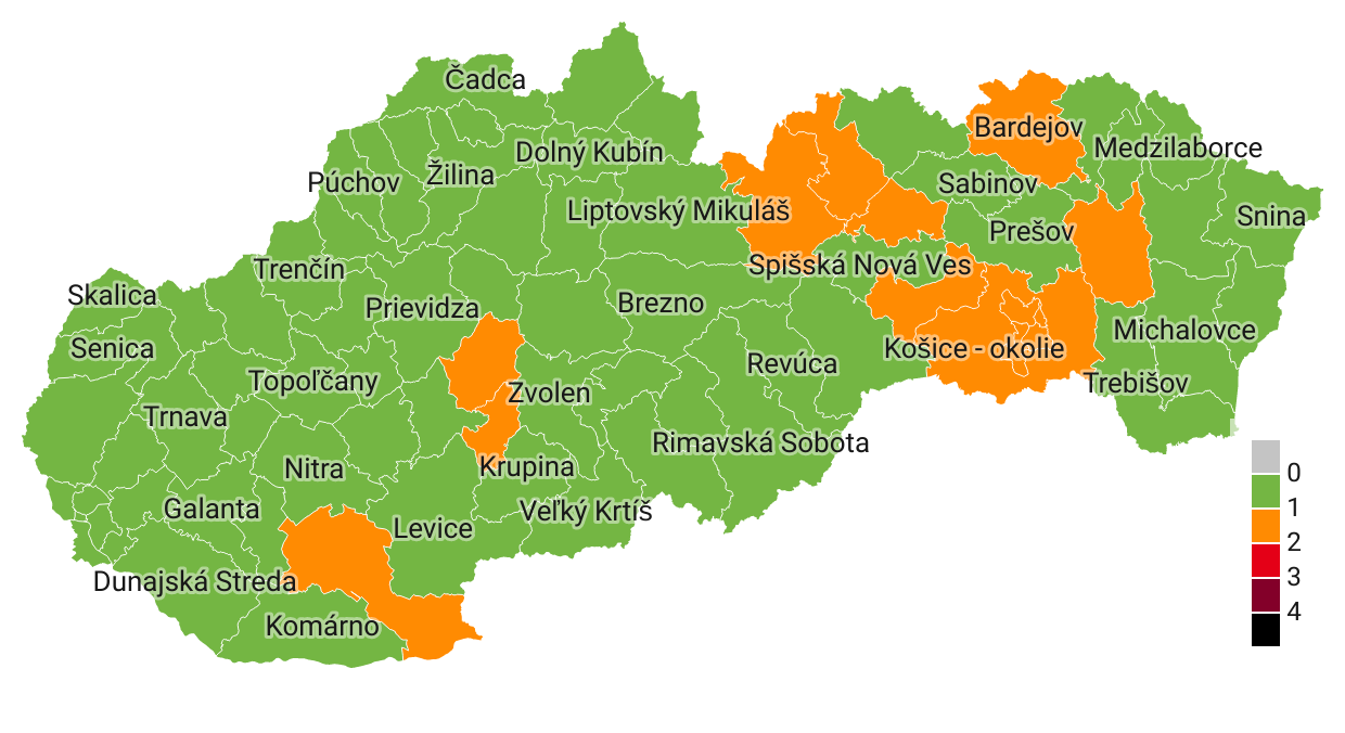 Na Slovensku pribudnú oranžové okresy, od pondelku ich bude už 14 a zvyšných 65 bude mať zelenú farbu