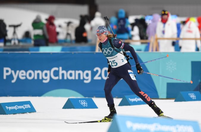 Slovenská biatlonistka Anastasia Kuzminová počas pretekov v biatlone – šprintu žien na 7,5 km na ZOH 2018 v juhokórejskom Pjongčangu.