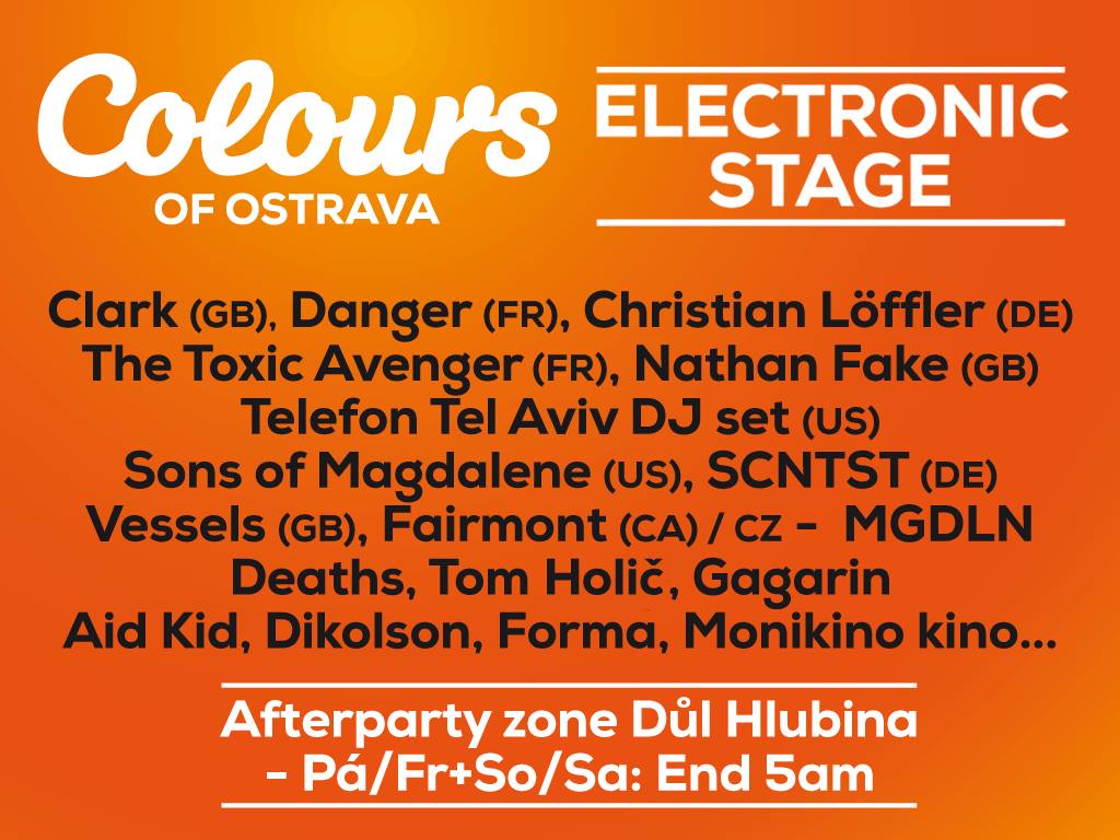 Hlavnými ťahákmi elektronickej scény na Colours of Ostrava 2015 sú Danger, Clark, Telefon Tel Aviv aj Nathan Fake