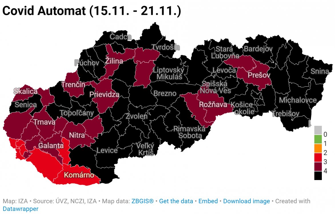 Čierne okresy od pondelka opäť pribudnú, COVID automat určil aj bordové a červené