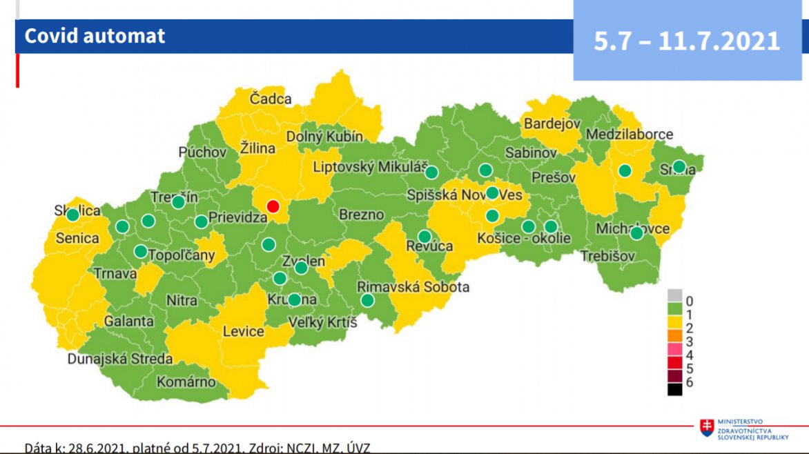 Covid automat: Nové rozdelenie okresov od 30.6. Viac ako polovica Slovenska už bude zelená