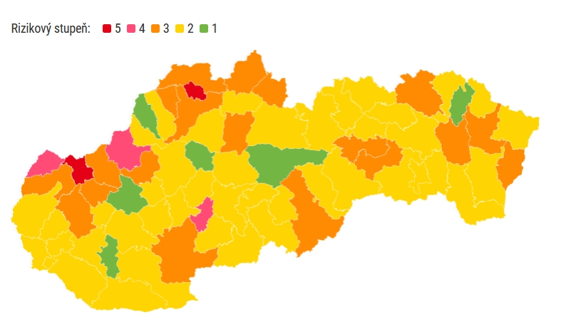 Nové rozdelenie okresov Covid automat od 14. júna: Zelených okresov pribudlo, stále sú však dva okresy červené.