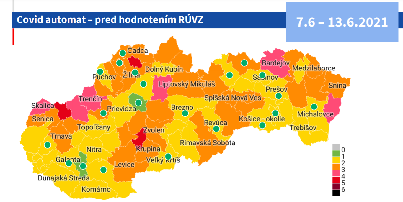 Covid automat: Nové rozdelenie okresov od 7.6. Slovensko už má dva zelené okresy.