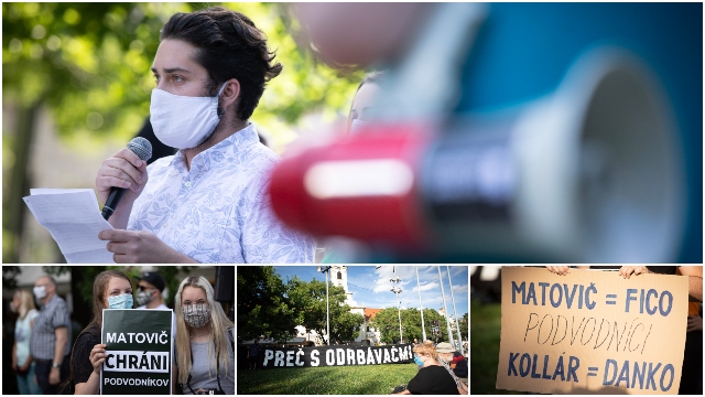 Protest za odstúpenie Kollára: Podvodníci vypadnite aj Matovič=Fico, mali ľudia na transparentoch (foto)